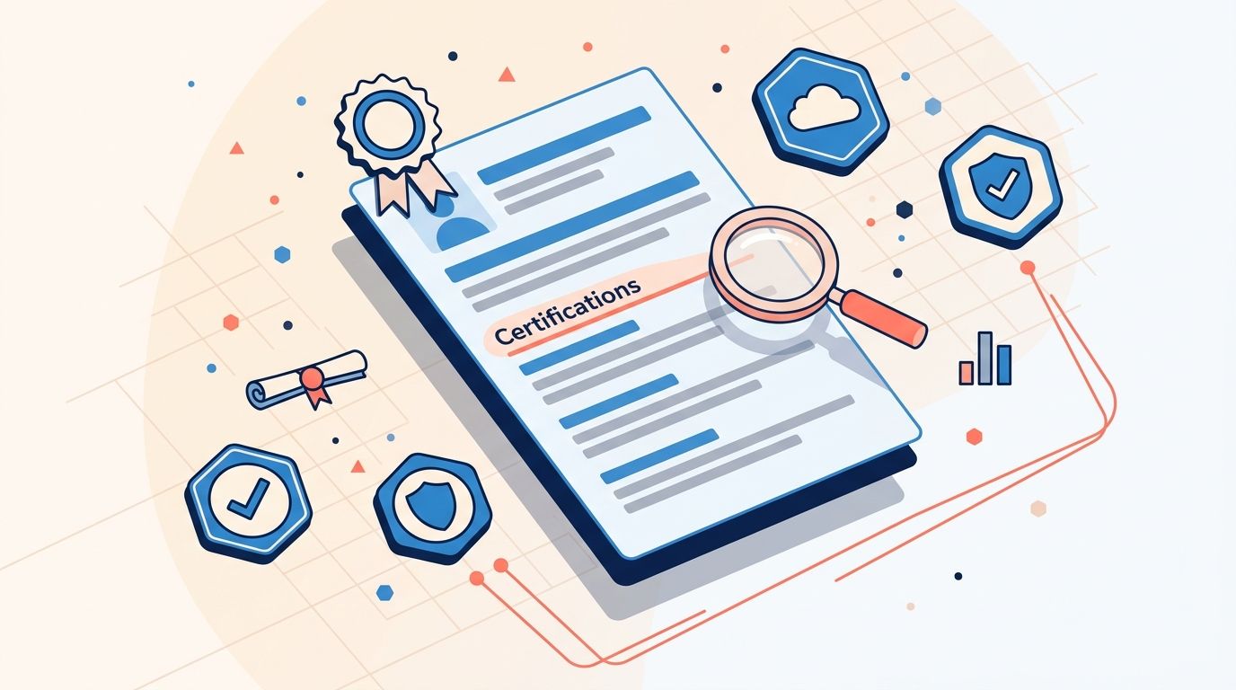 Detailed editorial illustration of a resume with a highlighted Certifications section, surrounded by abstract certification badge icons (ribbon medallion, cloud hexagon, project management badge, security shield, scroll, bar chart) and a magnifying glass connected by coral lines to the most relevant badges, in soft blue and coral on a light background