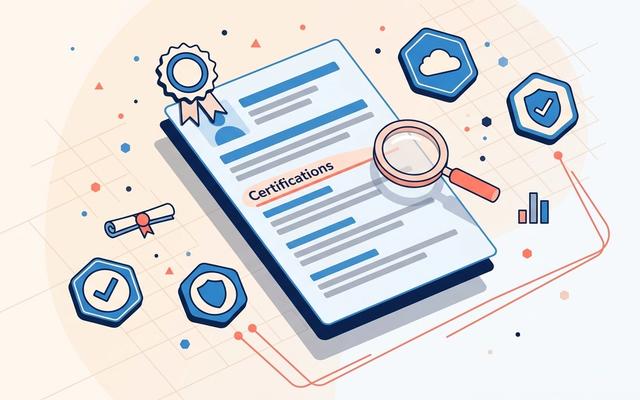 Detailed editorial illustration of a resume with a highlighted Certifications section, surrounded by abstract certification badge icons (ribbon medallion, cloud hexagon, project management badge, security shield, scroll, bar chart) and a magnifying glass connected by coral lines to the most relevant badges, in soft blue and coral on a light background