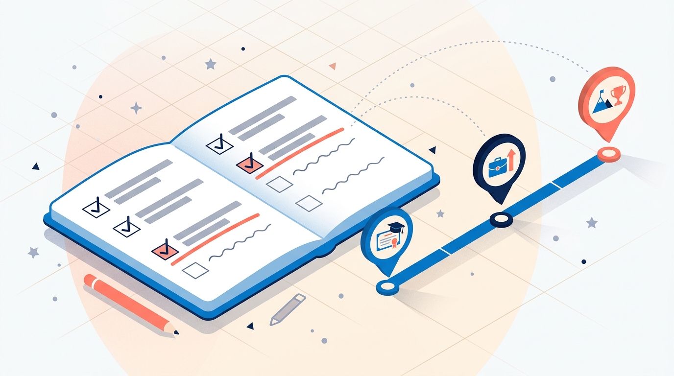 Detailed editorial illustration of a planner notebook with checklist items linked via dotted lines to a horizontal timeline of career milestones, in soft blue and coral on a light background