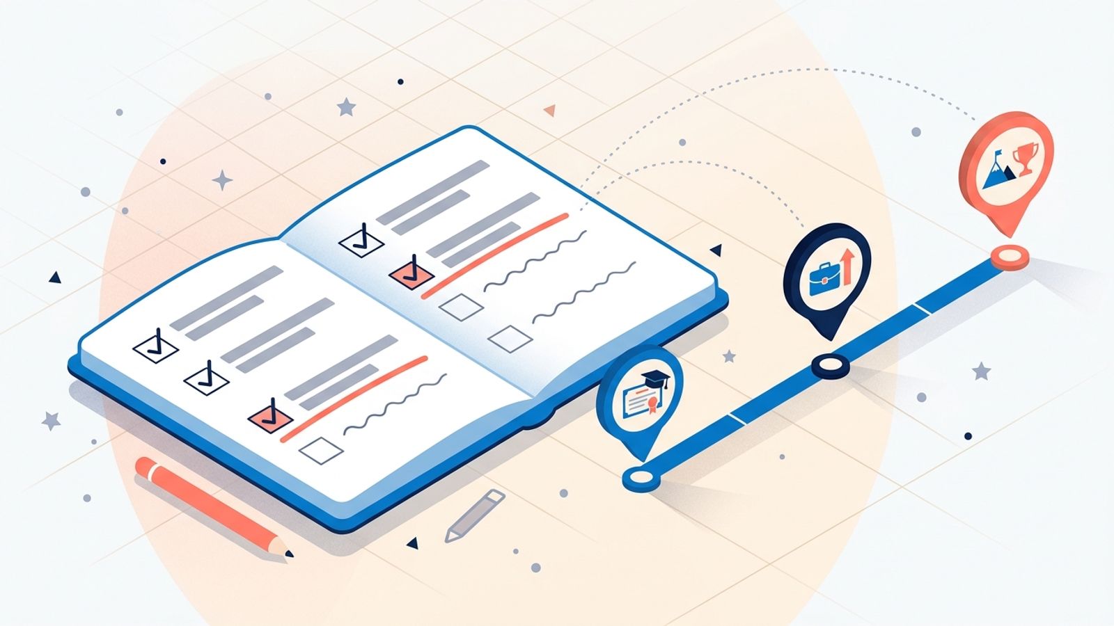Detailed editorial illustration of a planner notebook with checklist items linked via dotted lines to a horizontal timeline of career milestones, in soft blue and coral on a light background