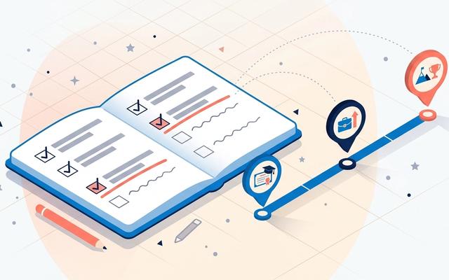 Detailed editorial illustration of a planner notebook with checklist items linked via dotted lines to a horizontal timeline of career milestones, in soft blue and coral on a light background