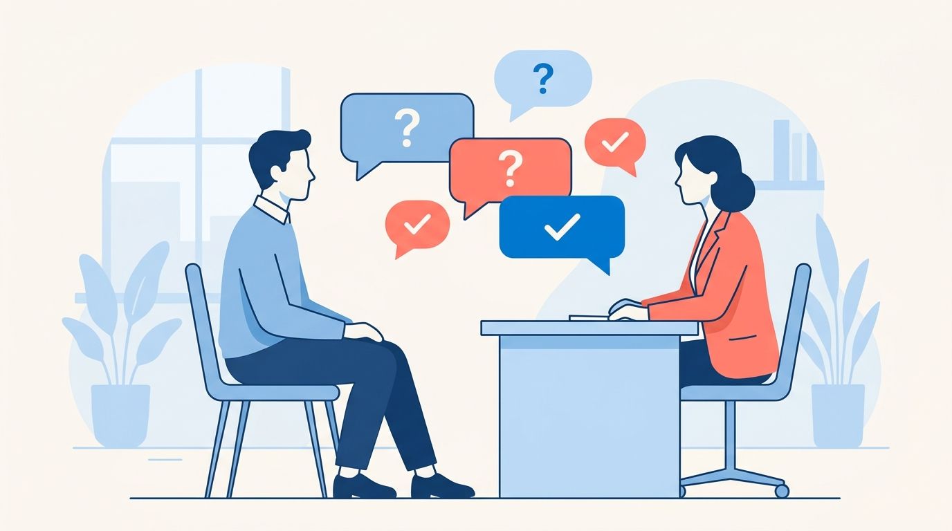 Common interview questions and answers: interviewer and candidate with question and answer speech bubbles