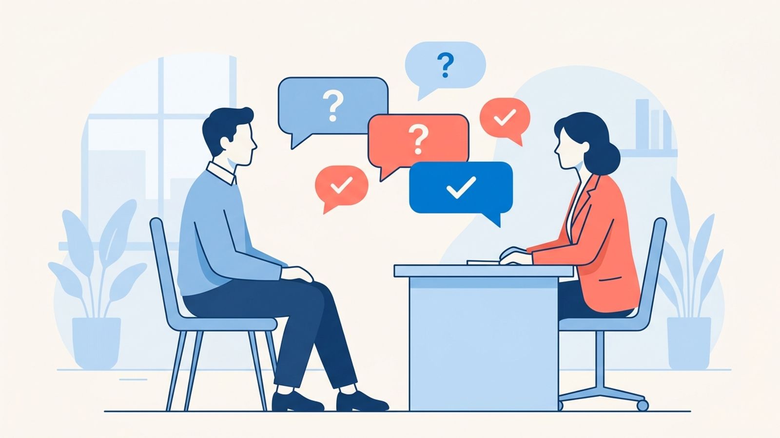 Common interview questions and answers: interviewer and candidate with question and answer speech bubbles