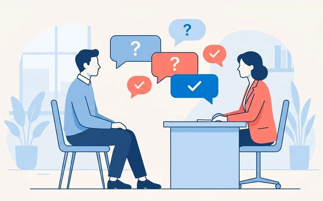 Common interview questions and answers: interviewer and candidate with question and answer speech bubbles