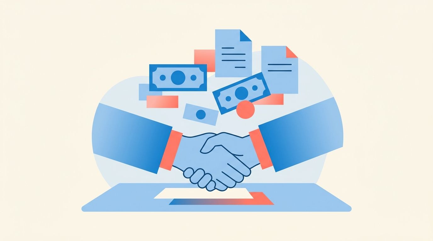 Abstract illustration of a handshake over a table with floating dollar and document shapes, representing salary negotiation