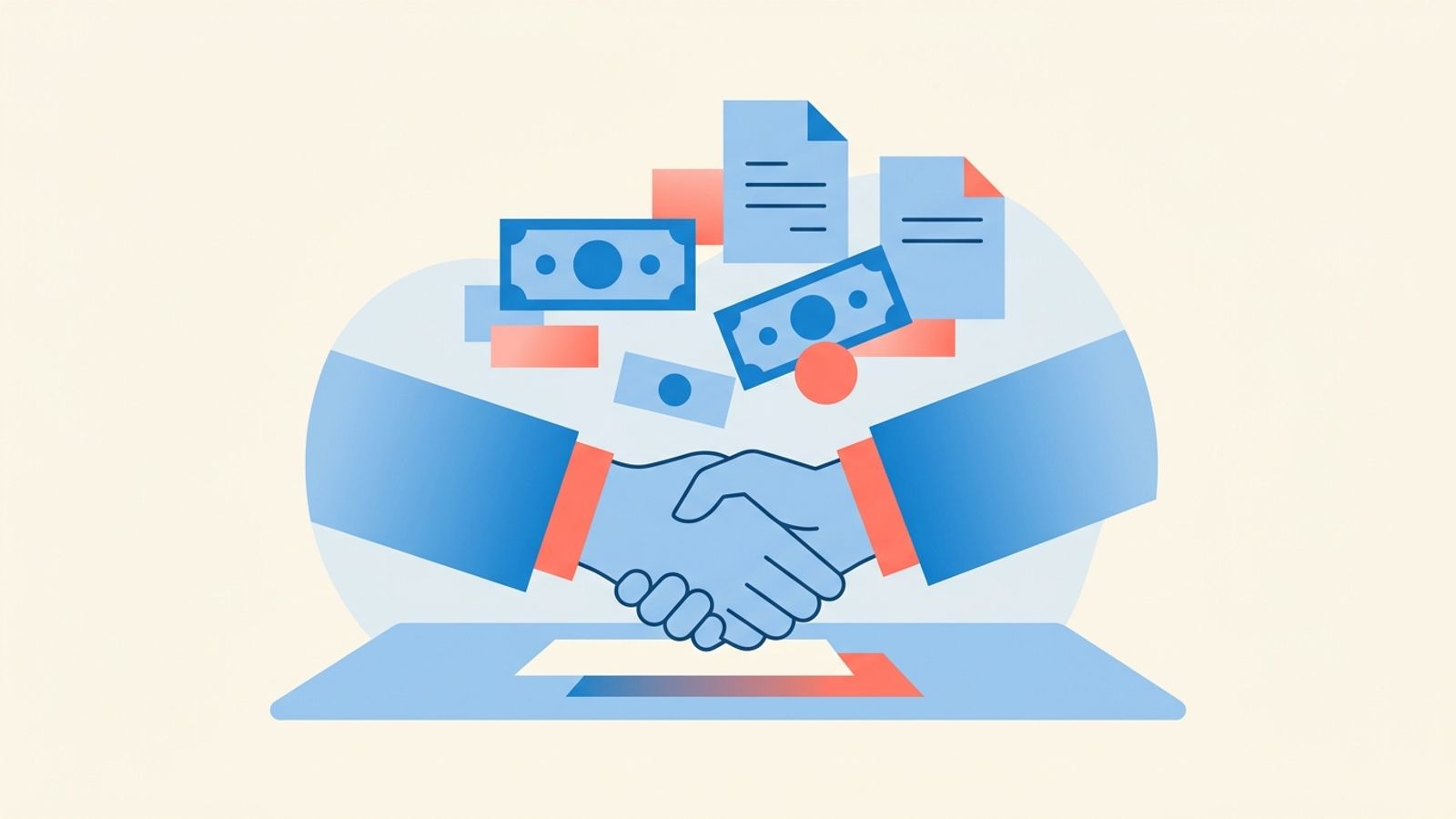 Abstract illustration of a handshake over a table with floating dollar and document shapes, representing salary negotiation