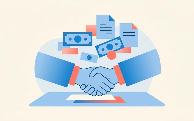 Abstract illustration of a handshake over a table with floating dollar and document shapes, representing salary negotiation