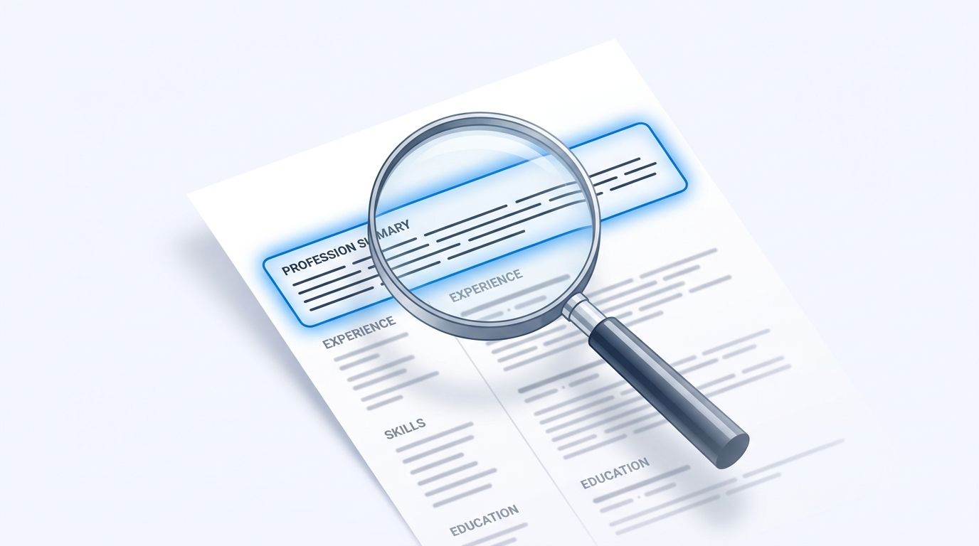 Magnifying glass highlighting the professional summary section at the top of a resume
