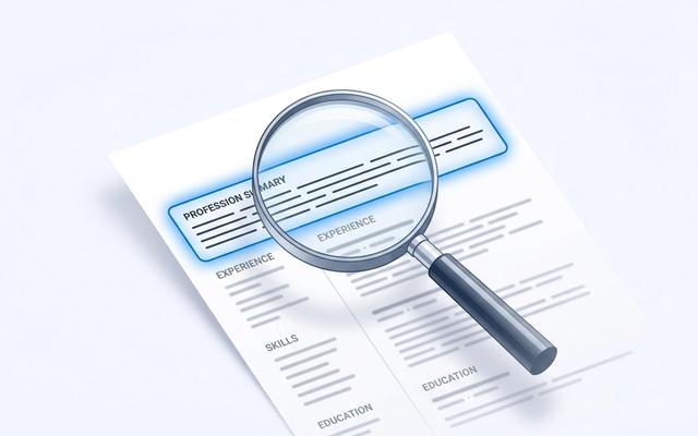 Magnifying glass highlighting the professional summary section at the top of a resume