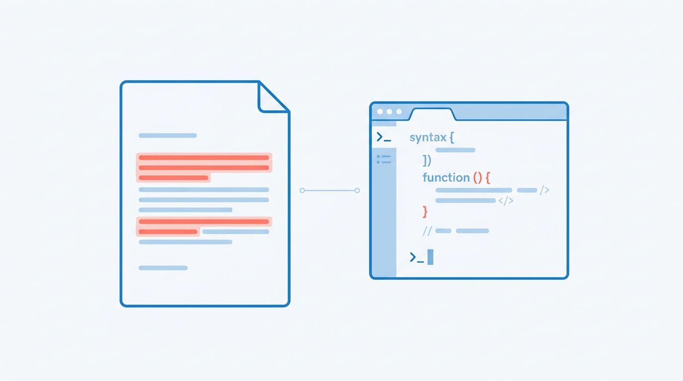 Abstract illustration of a cover letter document paired with a stylized code editor window in soft blue and coral on a light background