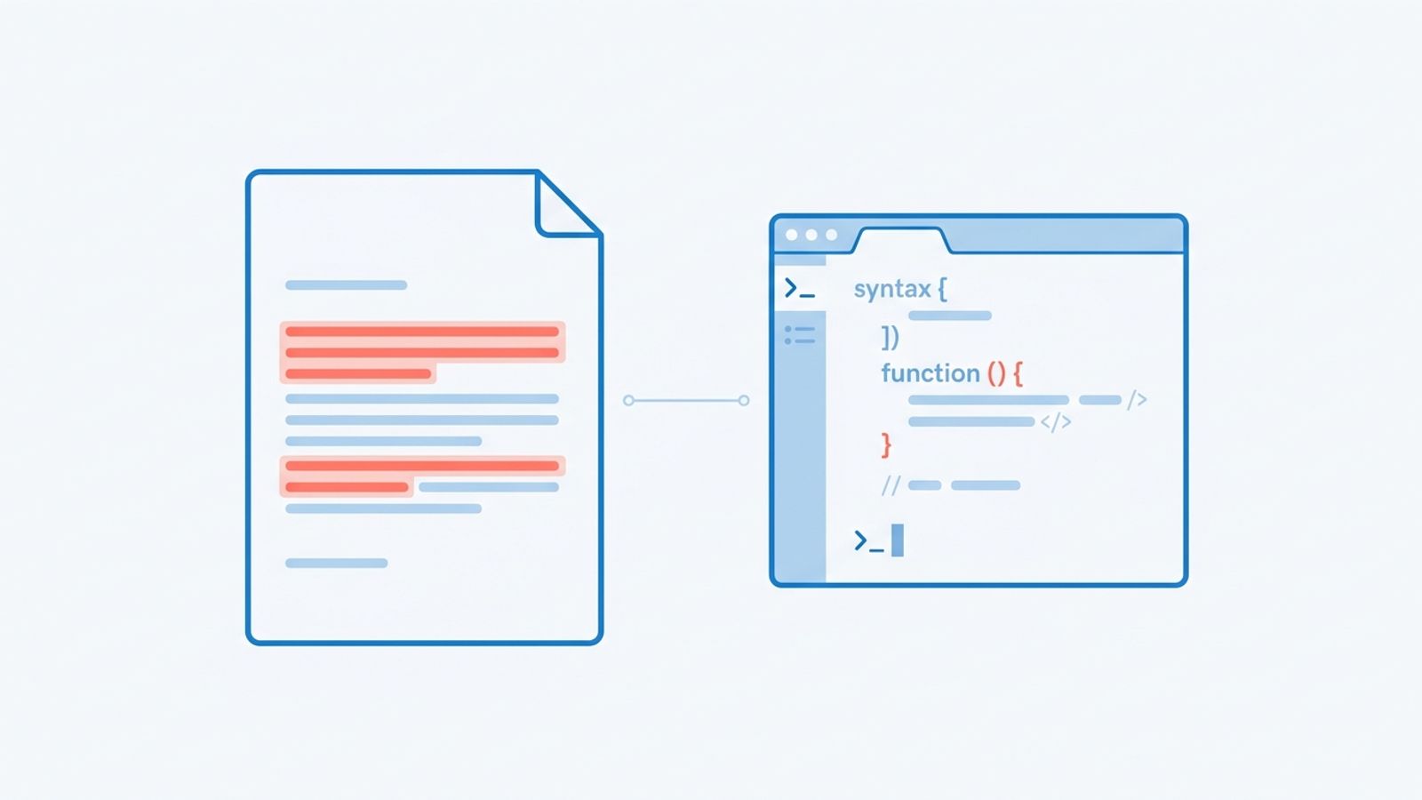 Abstract illustration of a cover letter document paired with a stylized code editor window in soft blue and coral on a light background