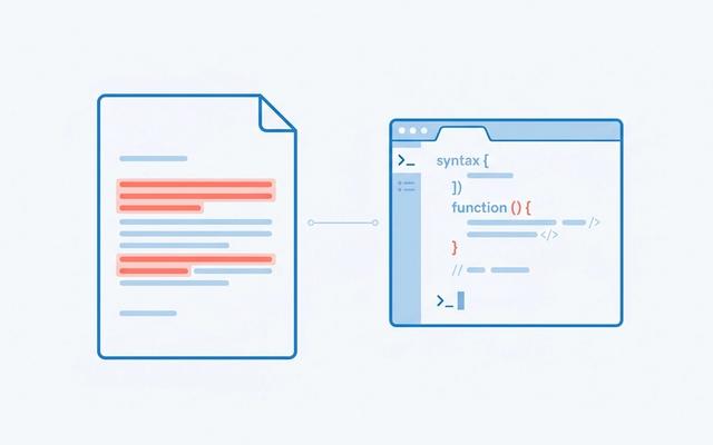 Abstract illustration of a cover letter document paired with a stylized code editor window in soft blue and coral on a light background