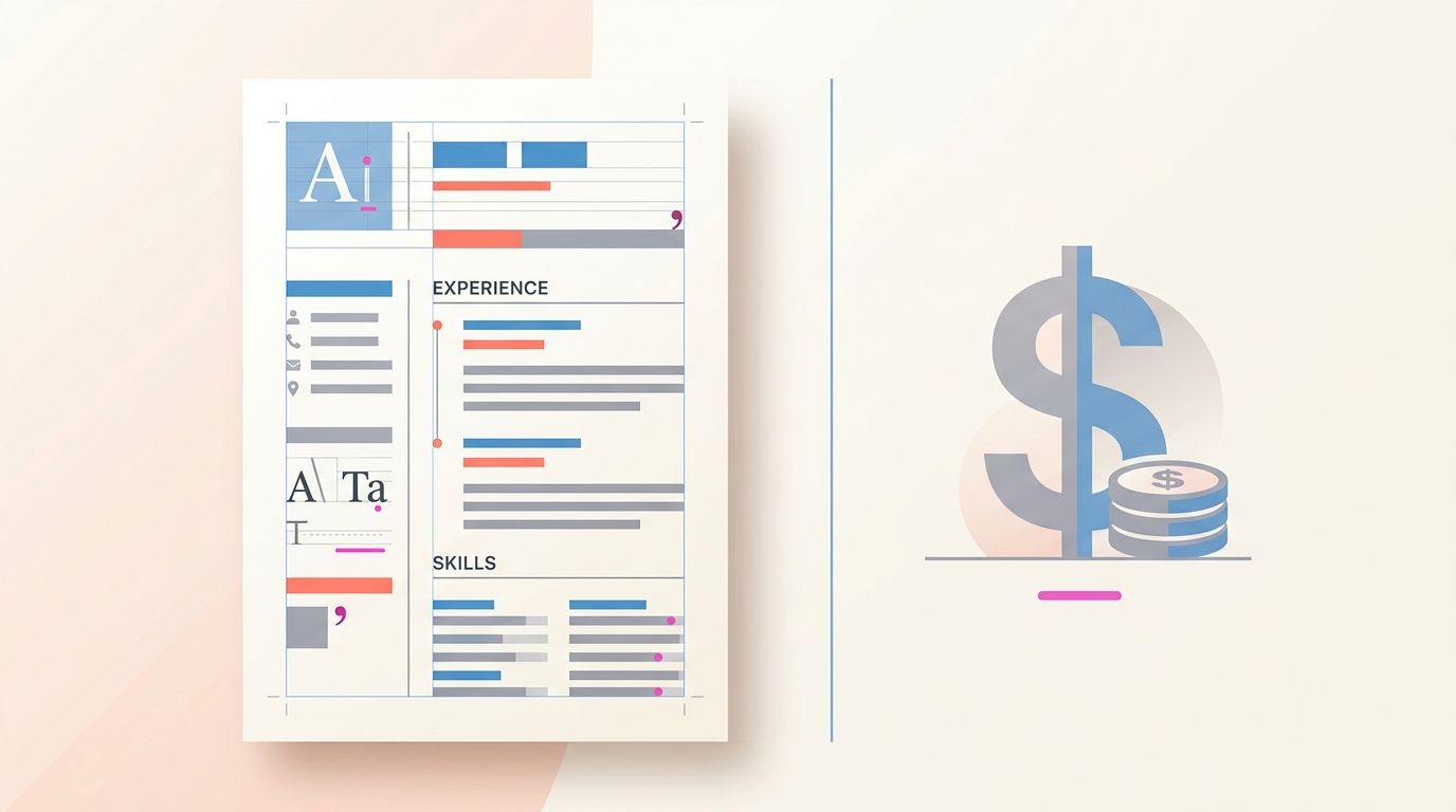 Premium typography document next to a subtle cost element, illustrating the InDesign value tradeoff for resume design