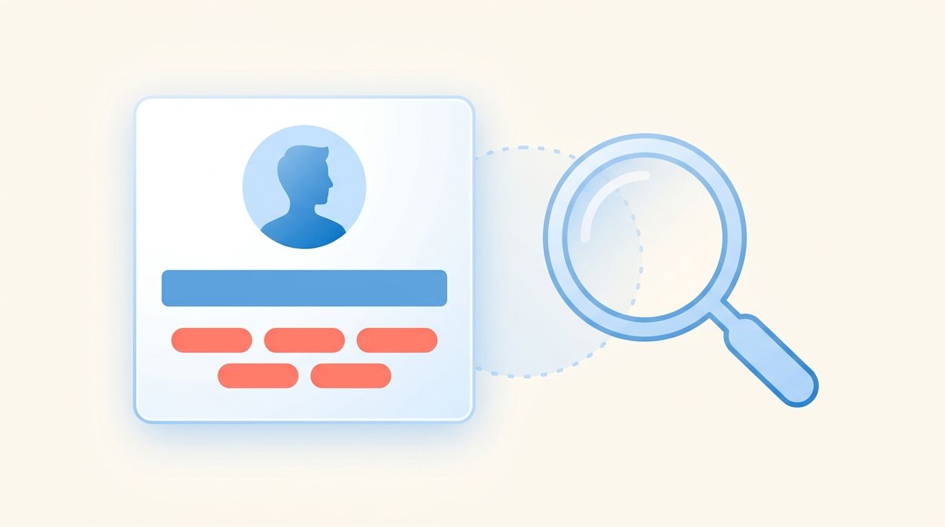 Abstract illustration of a profile card with keyword tags next to a magnifying glass, representing LinkedIn profile optimization for recruiter search