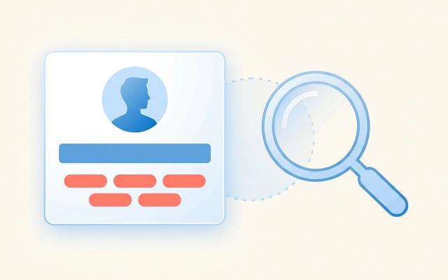Abstract illustration of a profile card with keyword tags next to a magnifying glass, representing LinkedIn profile optimization for recruiter search
