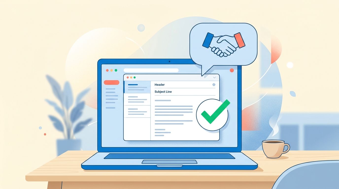 Thank you email after interview: laptop showing email with checkmark and handshake icon