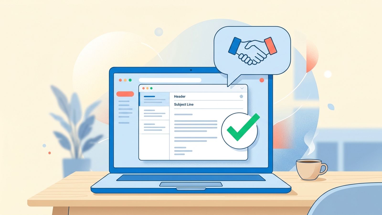 Thank you email after interview: laptop showing email with checkmark and handshake icon