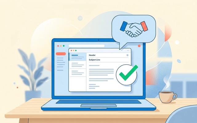 Thank you email after interview: laptop showing email with checkmark and handshake icon
