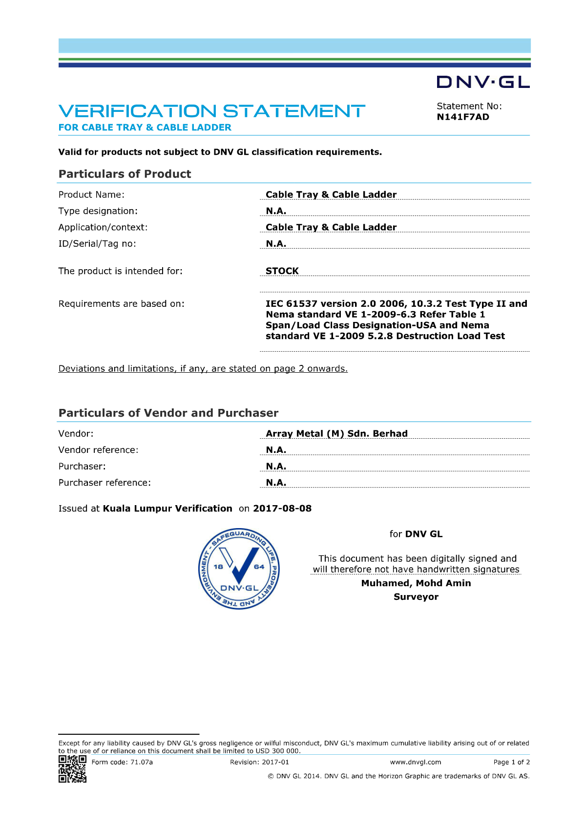 DNV Verification - Cable Ladder & Tray cover
