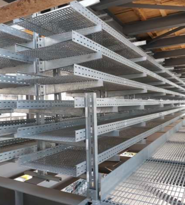 Stacked tiers of perforated cable tray on channel posts and cantilever arms