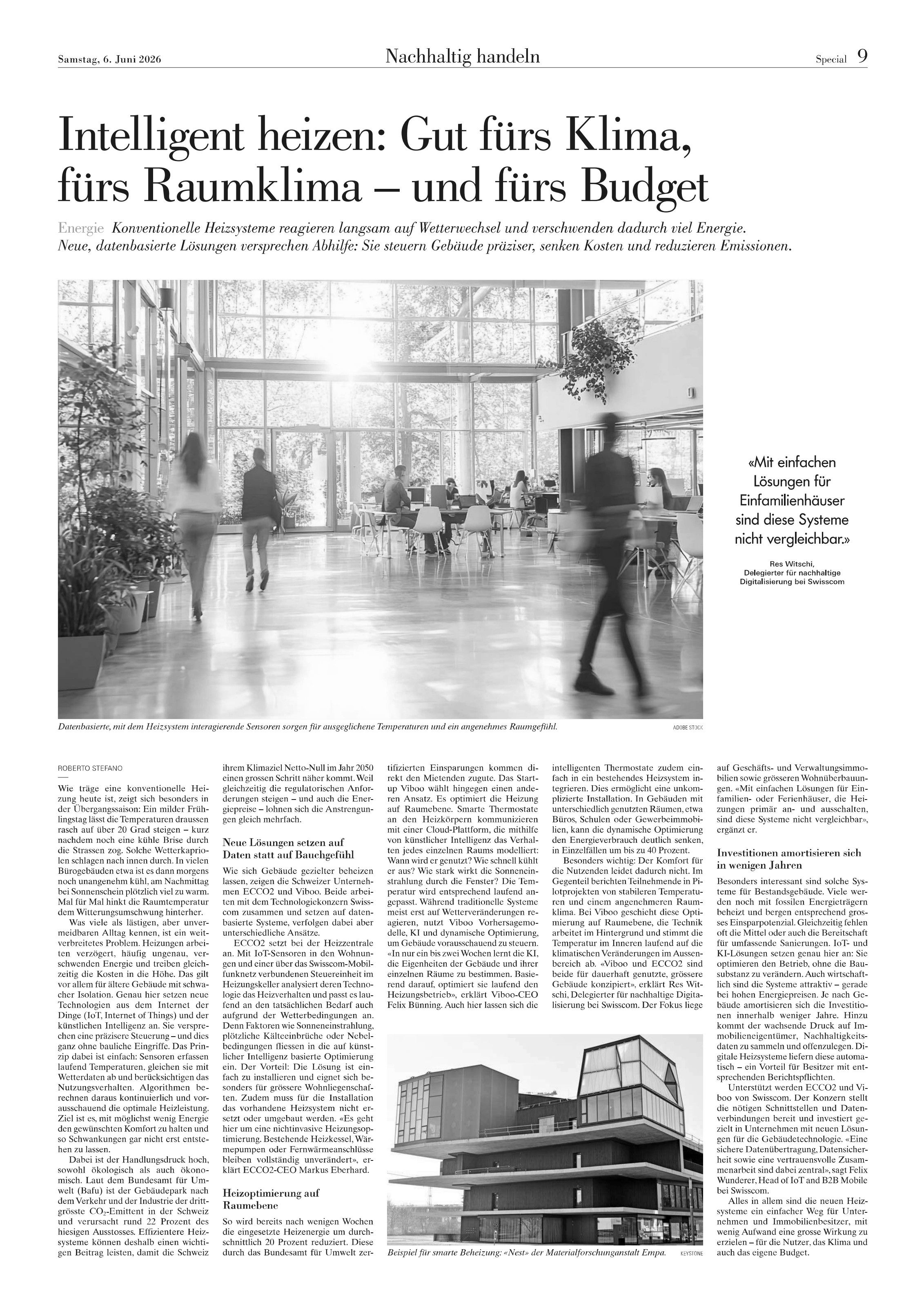 Článek NZZ: Inteligentní vytápění – s odkazem na ECCO2 (původní článek v němčině)