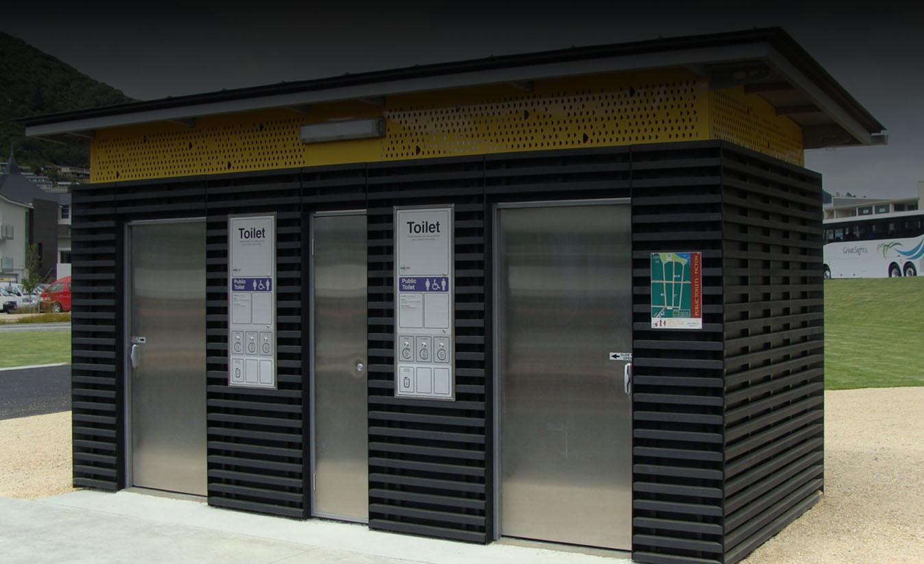 Exterior of Exaloo self-managing toilets Exterior of Exaloo self-managing toilets