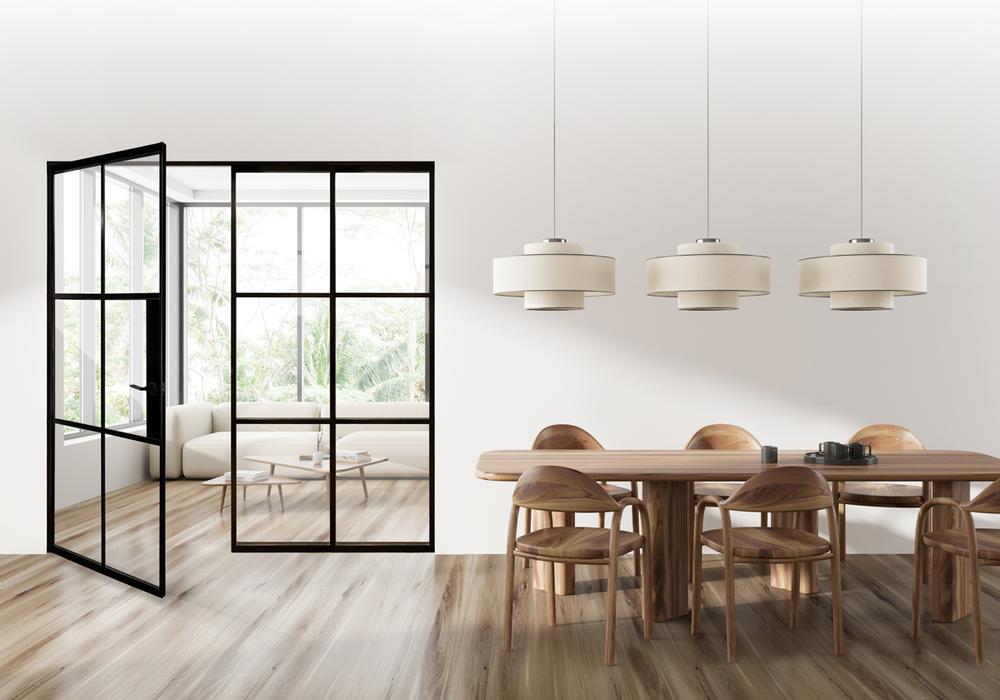 Glazed hinged door in open plan room setting