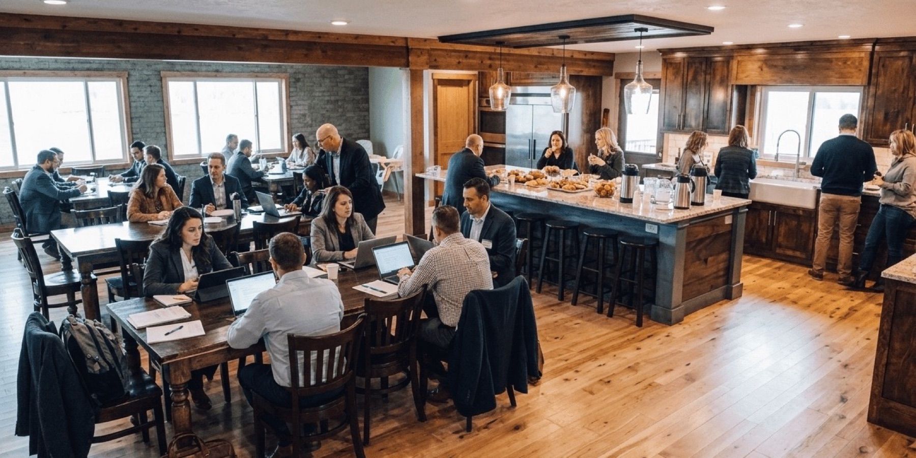 Professionals working and gathering in the lodge kitchen during a group retreat