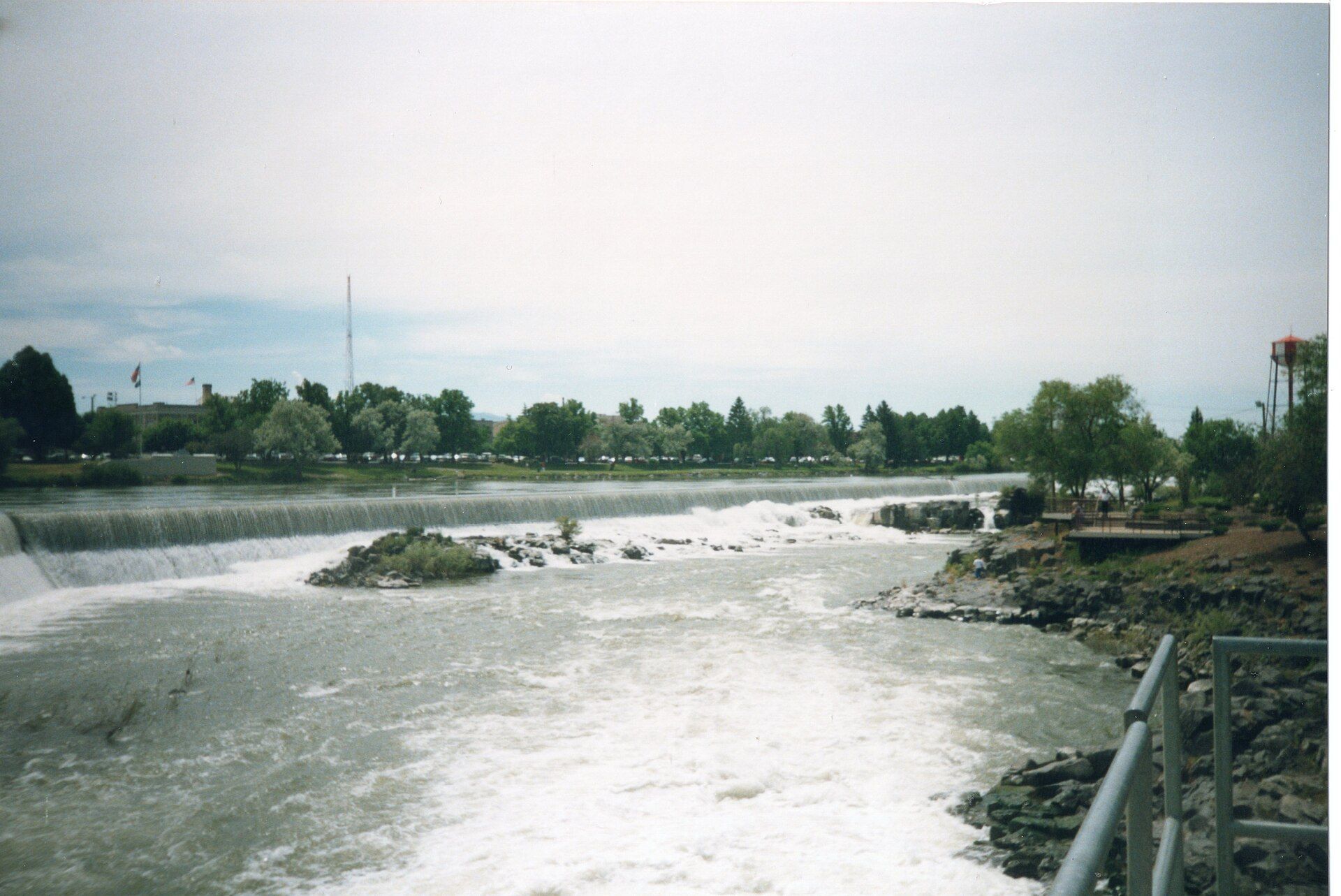 Wide waterfall across the Snake River in Idaho Falls