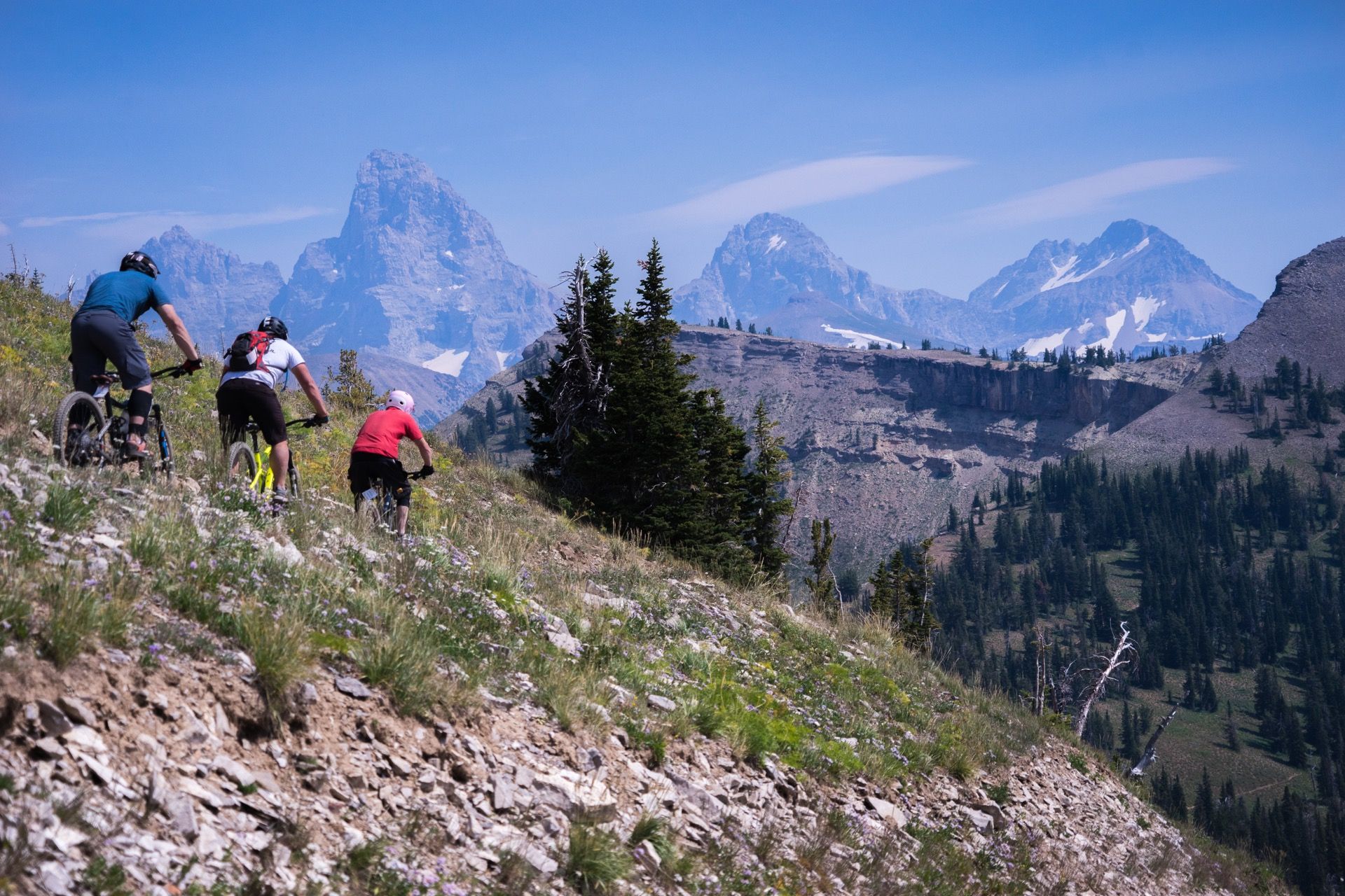 Mountain bikers on a Targhee trail with Teton views