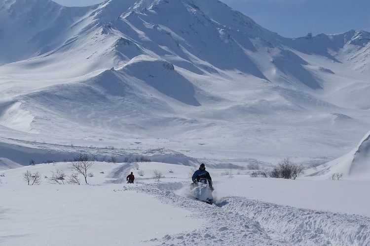 Snowmobilers riding powder in mountain country near Three Peaks Lodge