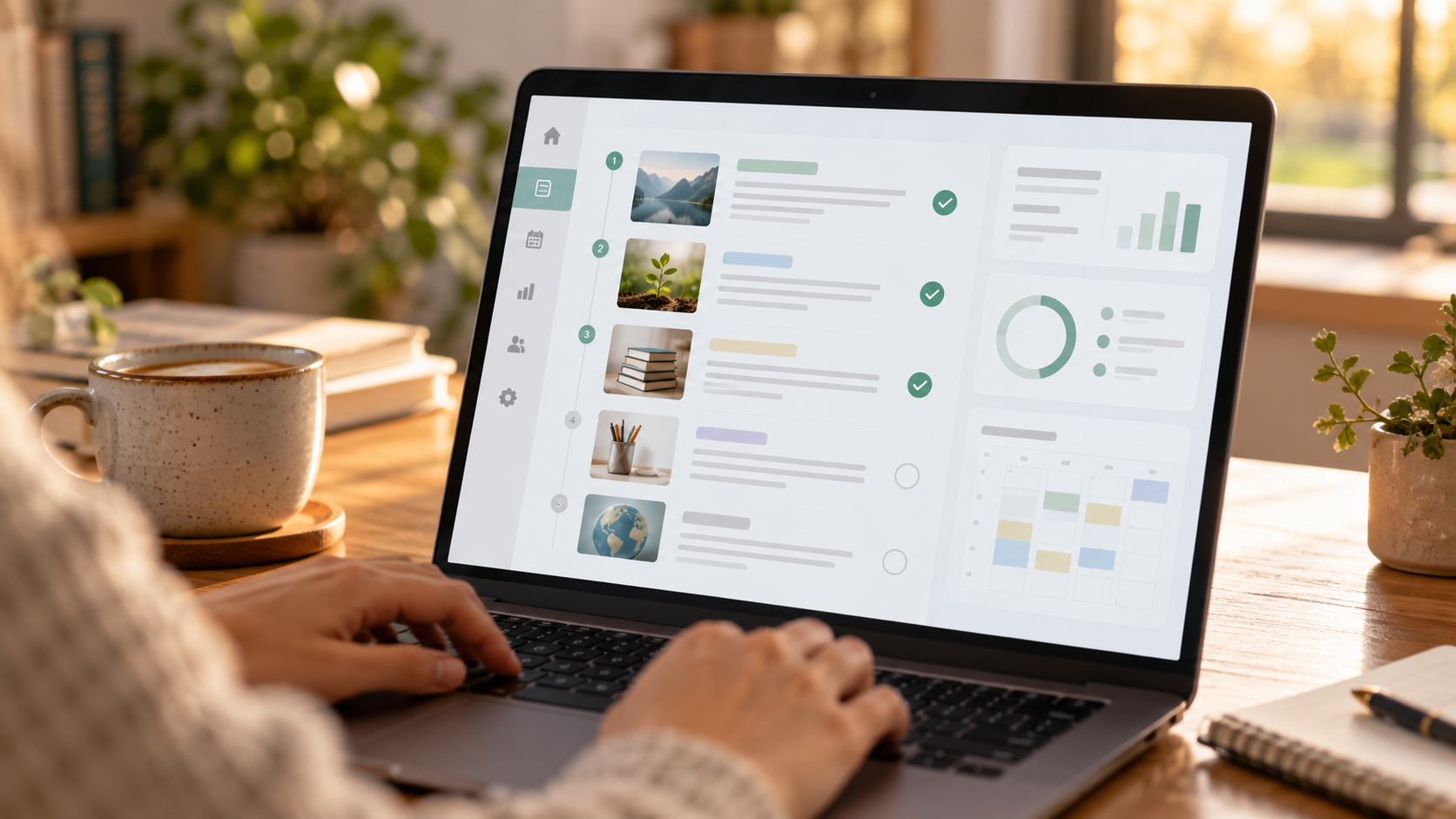 Close na tela de um laptop mostrando uma interface limpa de planejamento de aula com IA. Ao fundo, desfocado, as mãos de uma pessoa digitando e uma xícara de café na mesa. Foco na eficiência e organização.