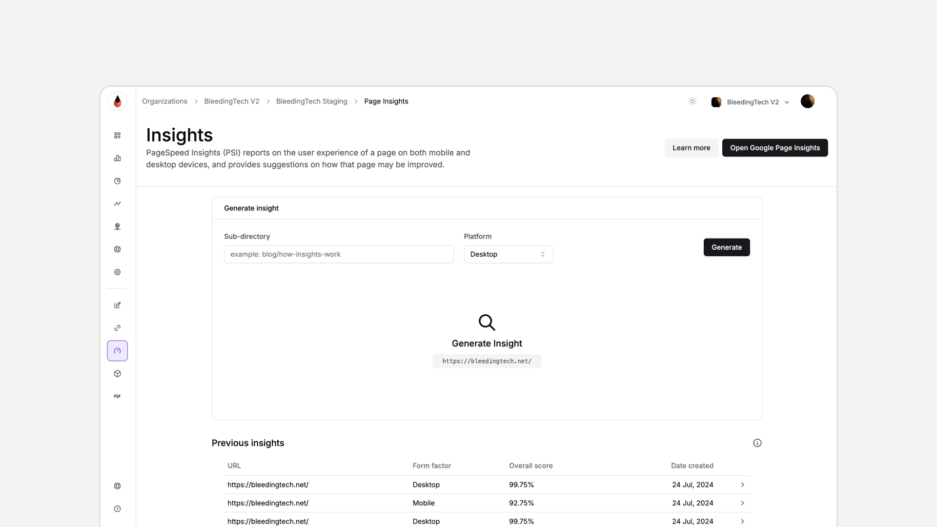 Dashboard - PageSpeed Insights