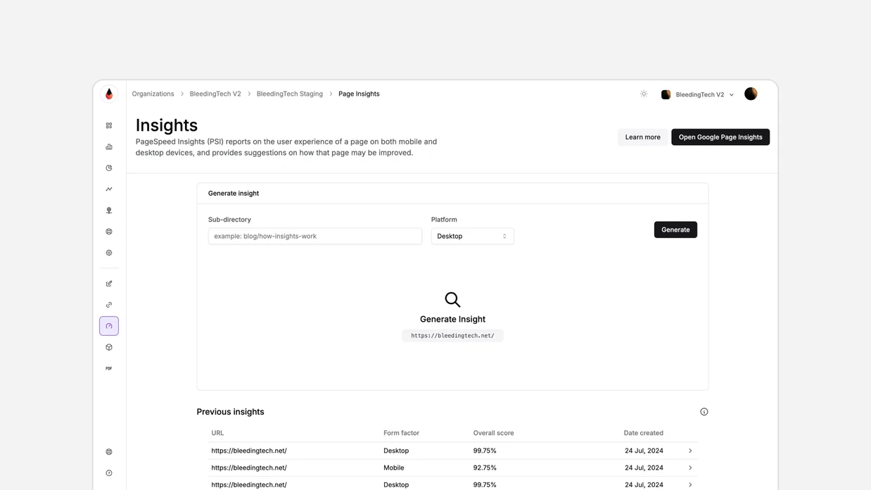 Dashboard - PageSpeed Insights