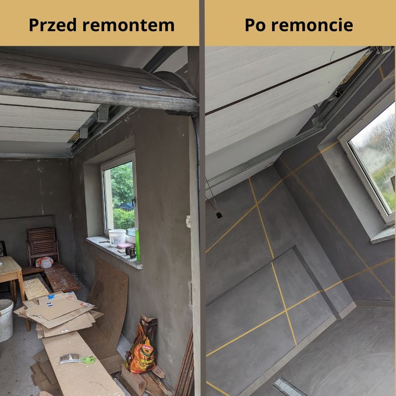 Poddasze przed i po remoncie: surowe ściany z chaosem → mikrocement na ścianach z żółtymi liniami dekoracyjnymi