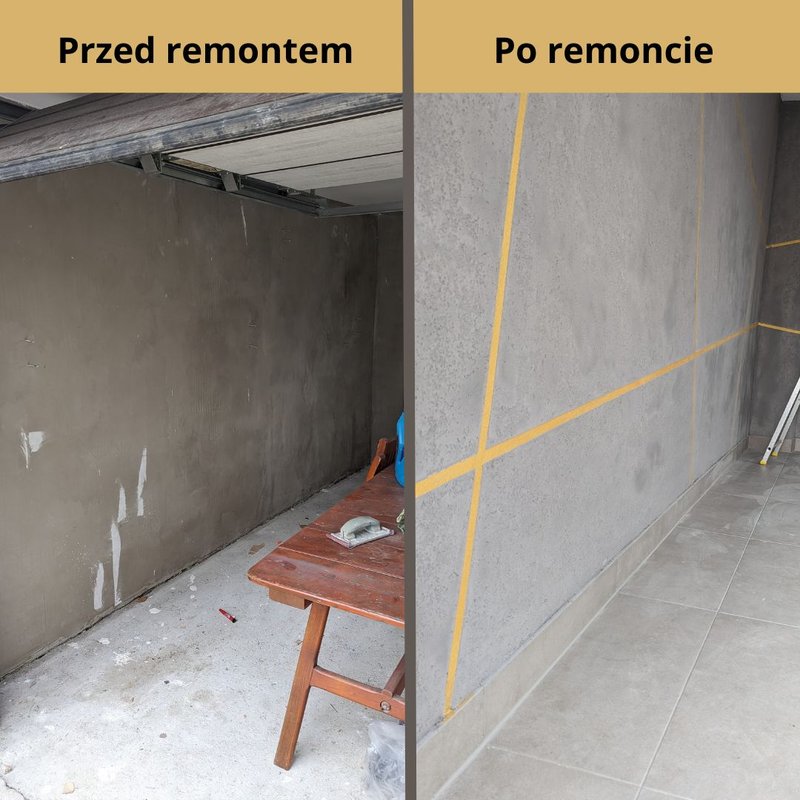 Zbliżenie ściany przed i po remoncie: surowy cement → mikrocement z żółtymi liniami oraz nowa terakota