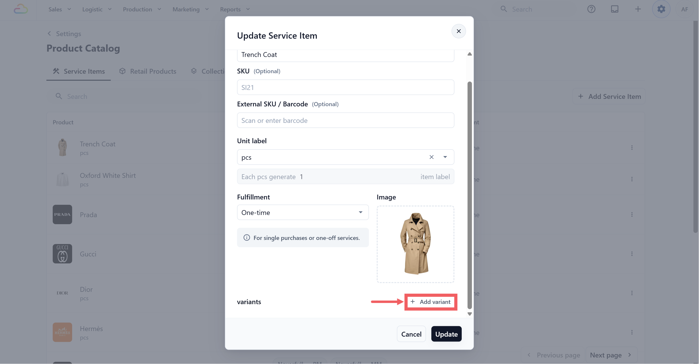 Open the Service Item. Click Add variant.