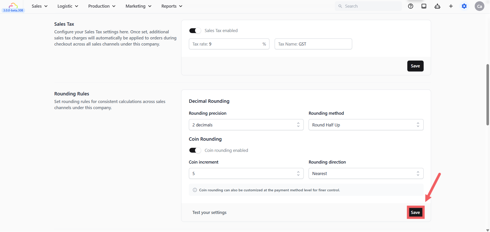 Rounding controls what happens when an order total has fractional cents or awkward amounts. There are two parts.