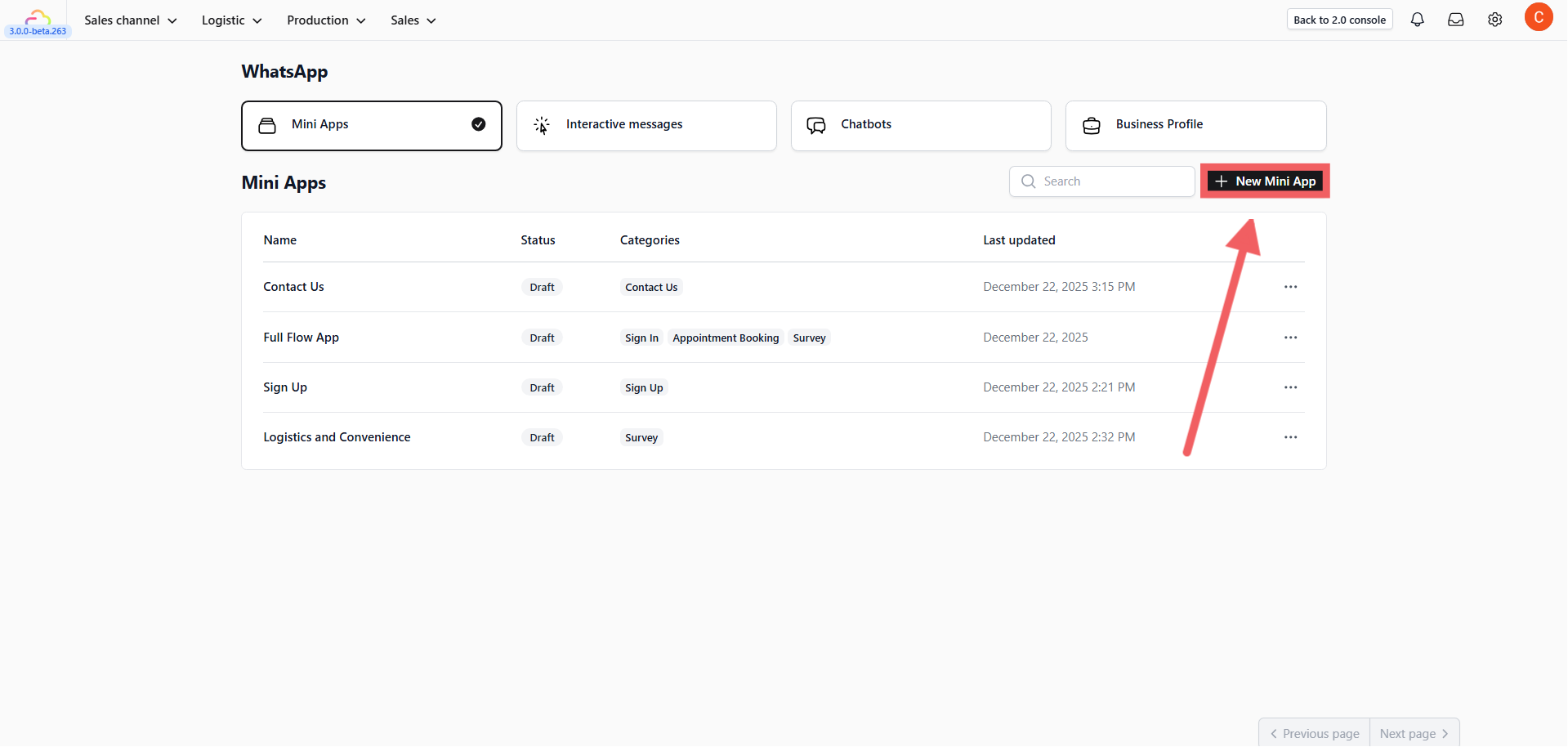 Navigate to Sales Channel > WhatsApp and select the Mini Apps tab.