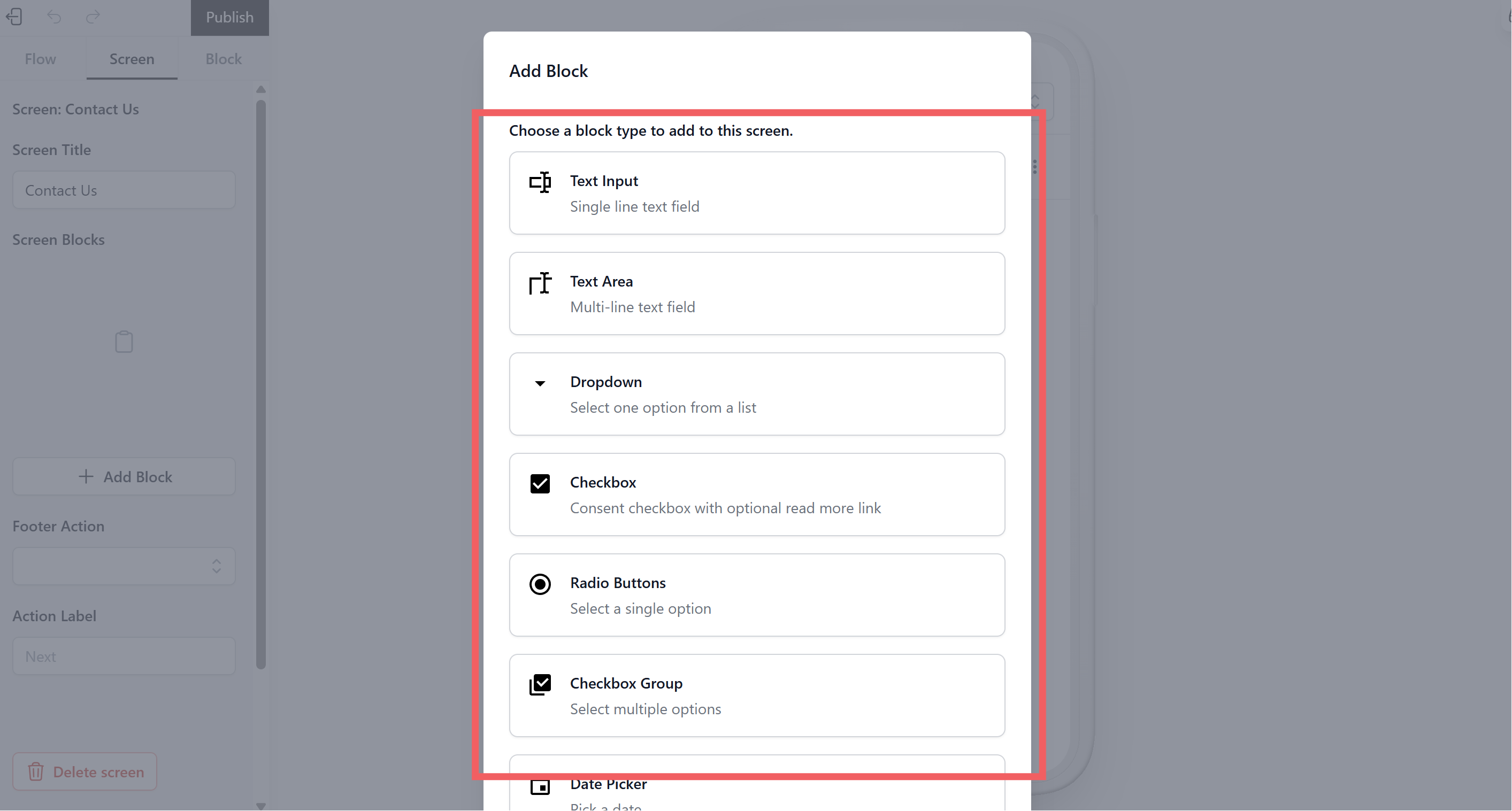 Under the "Screen Blocks" section, click + Add Block.