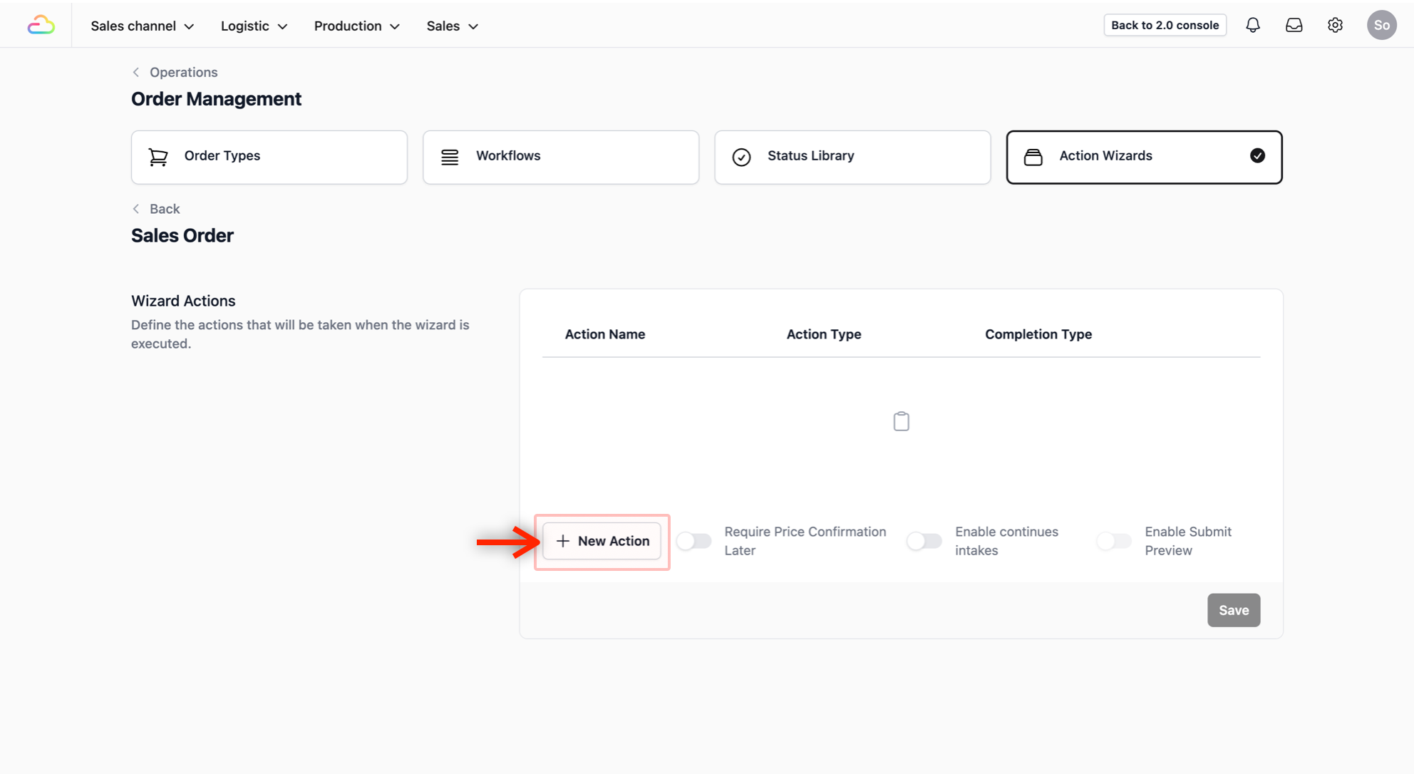 In the Wizard Actions section, click on the + New Action button.