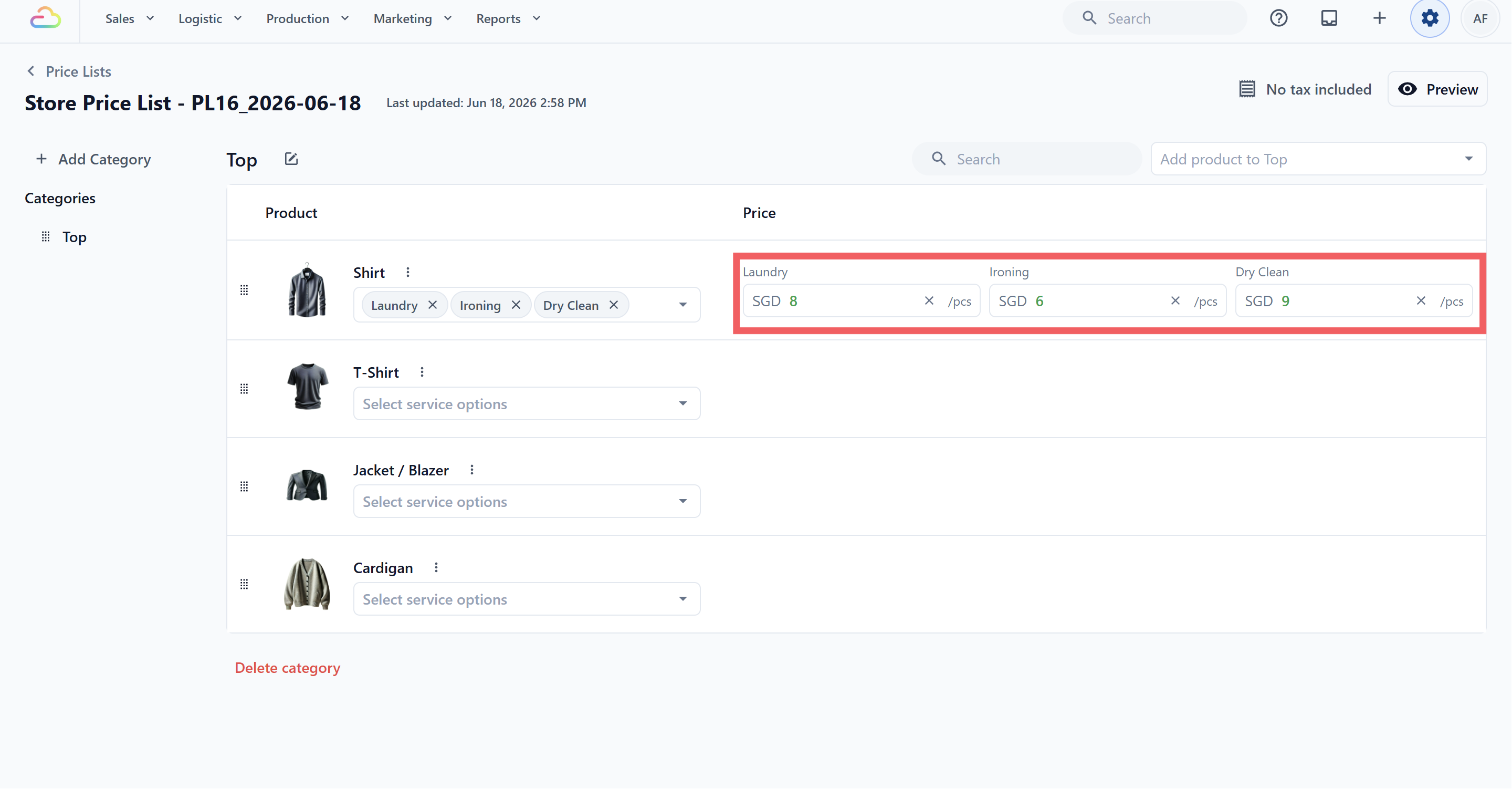 Type the price into each price field. The currency prefix and unit suffix (like SGD 7.00 /pcs) are added for you.