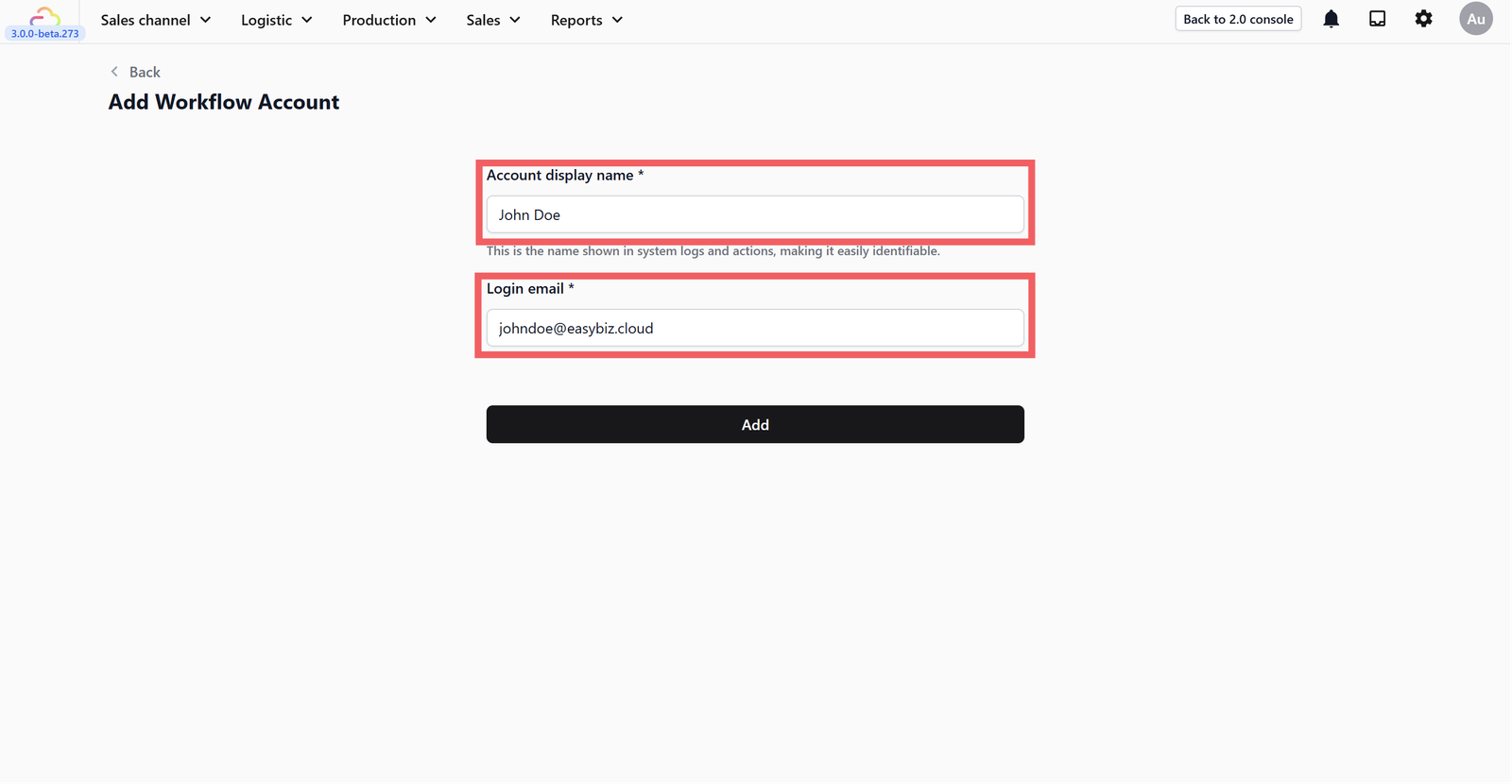 Fill in the account name and email address.