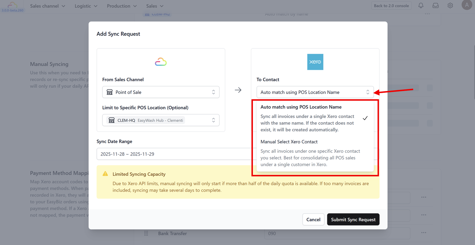 5. Contact Mapping: Option A: Choose "Auto-match by name". This tells Xero to look for an existing customer with the same name. If none is found, it will create a new contact automatically. Option B: Choose "Manual Select Xero Contact" if you prefer to group all sales from this channel under a single generic contact (e.g., "Walk-in Customer") to keep your Xero contact list organized.