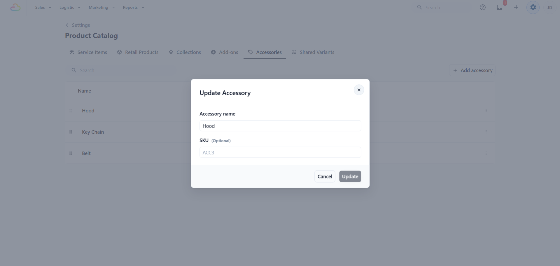 To edit: click anywhere on the specific row. An Update Accessory dialog opens with the current name and SKU pre-filled. Change either field, then click Update.