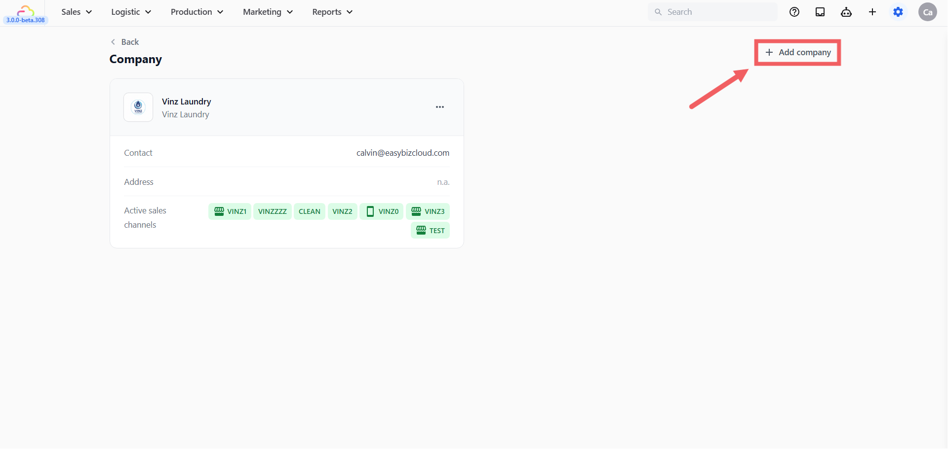 On the Company list page, click + Add company at the top right.