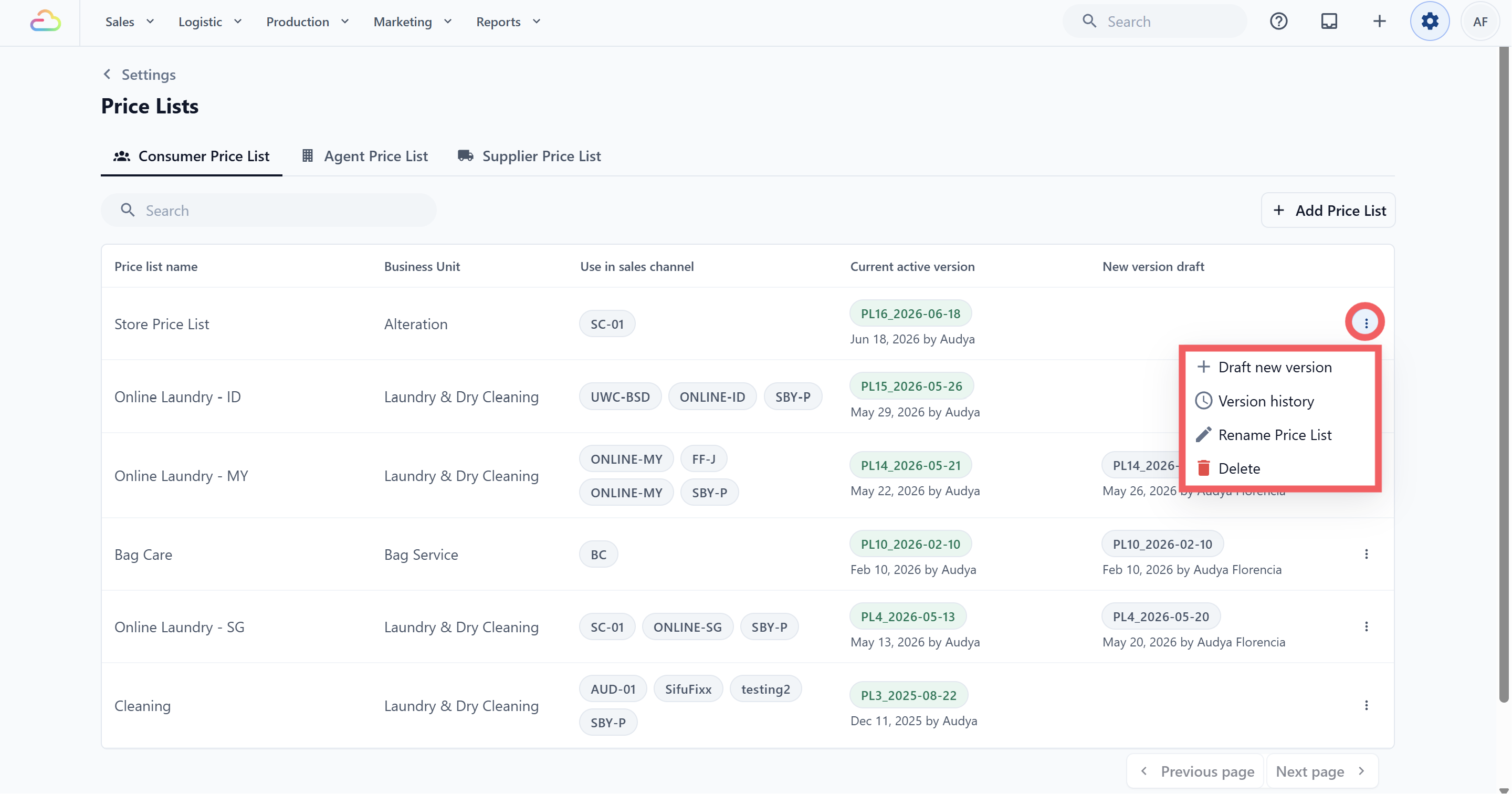 Delete -> remove the price list and all its versions