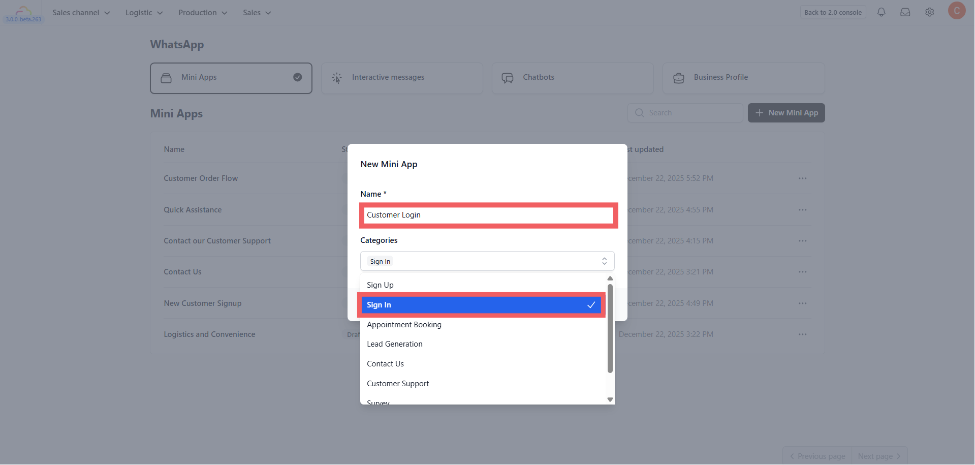 Click the + New Mini App button.