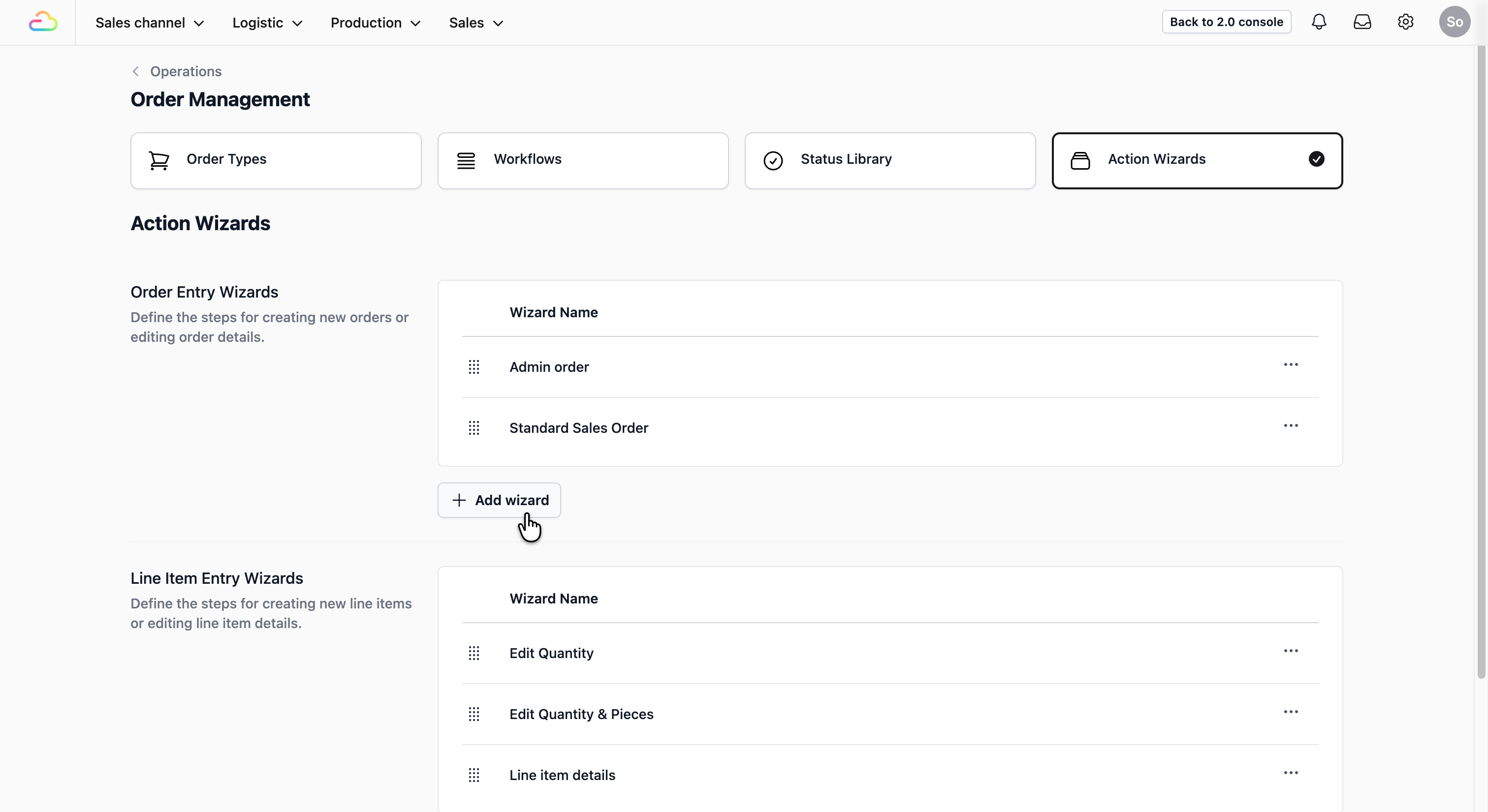 Click on the + Add wizard button to create a new Order Entry.