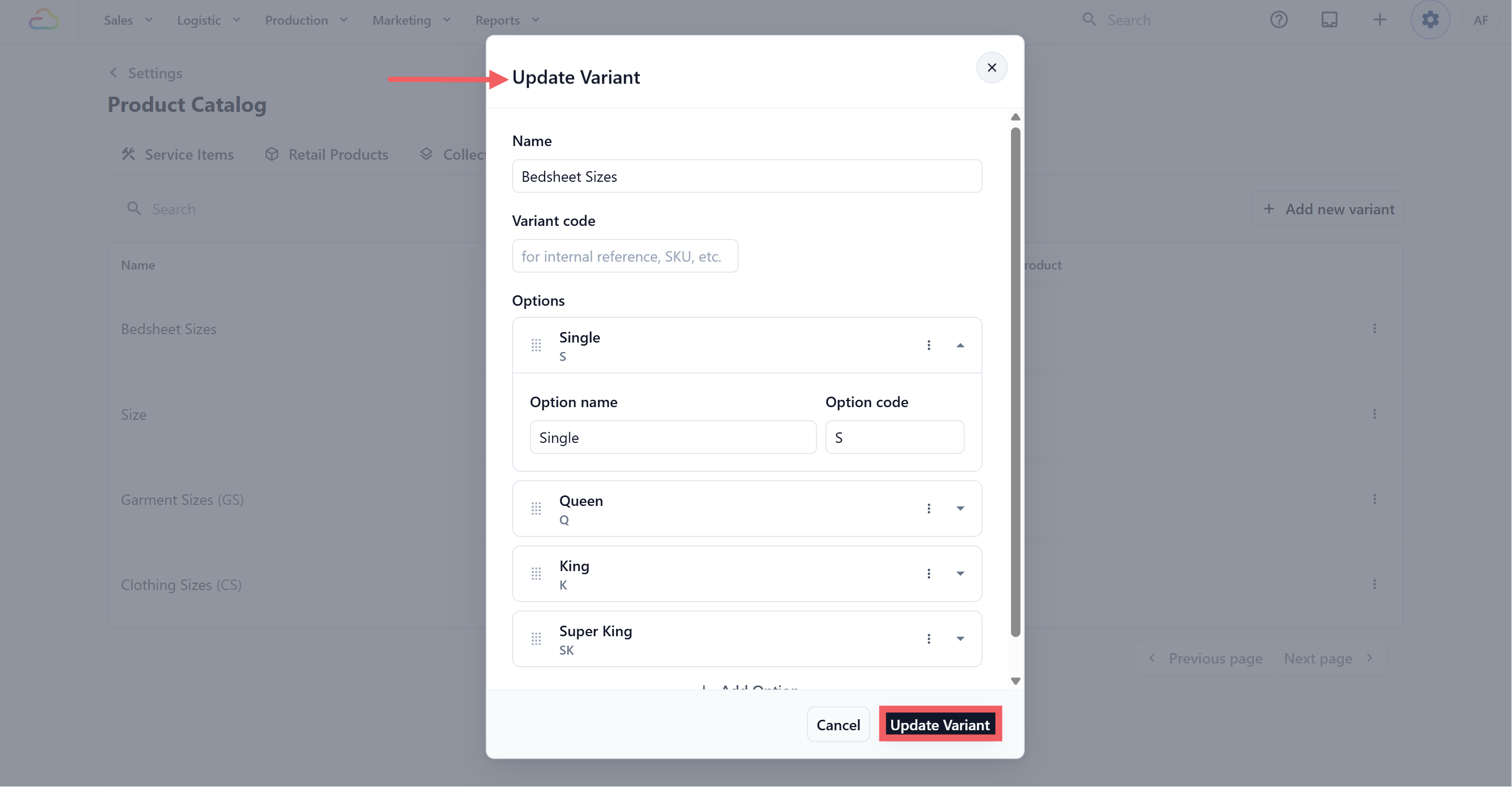 To edit a set, click anywhere on its row. The dialog title changes to Update Variant and the fields are pre-filled. Make your changes and click Update Variant to save.